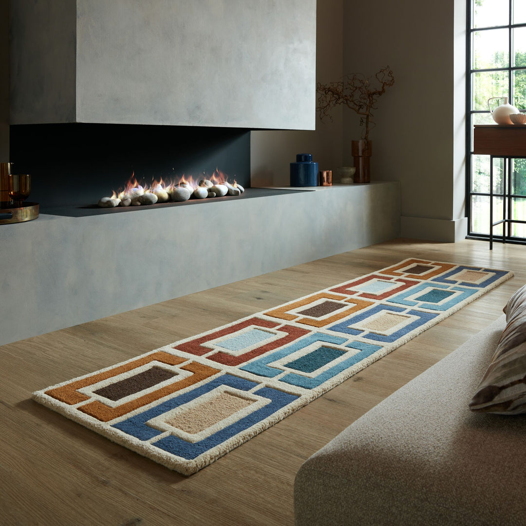 Wollteppich Geometrisch - Retro-Stil - Wohnzimmer_Multicolor-Blau_Läufer_