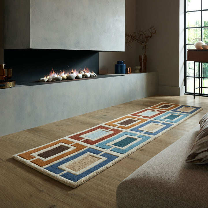 Wollteppich Geometrisch - Retro-Stil - Wohnzimmer_Multicolor-Blau_Läufer_