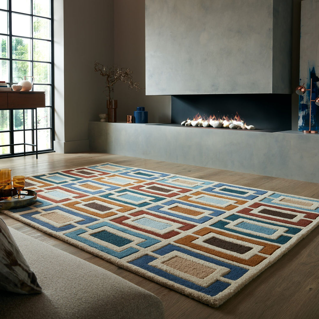 Wollteppich Geometrisch - Retro-Stil - Wohnzimmer_Multicolor-Blau_Rechteckig_