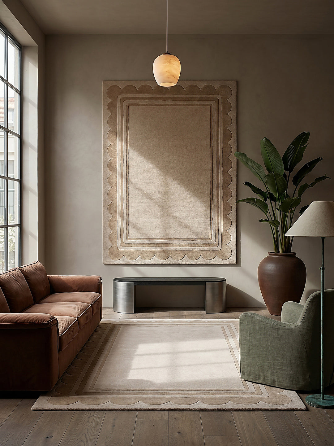 Teppich Beige rechteckig als Wandteppich Wanddekoration Textilkunst Interior Design_