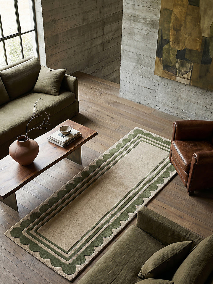 Teppich Grün-Beige Läufer Musteransicht von oben Designkollektion_