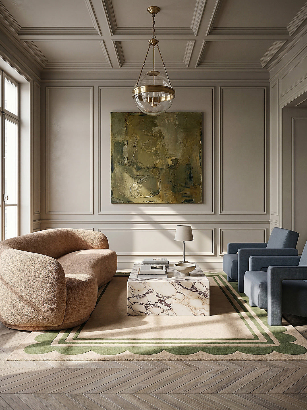 Teppich Grün-Beige rechteckig als Wandteppich Wanddekoration Textilkunst Interior Design_