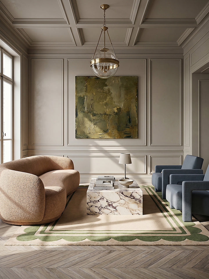 Teppich Grün-Beige rechteckig als Wandteppich Wanddekoration Textilkunst Interior Design_
