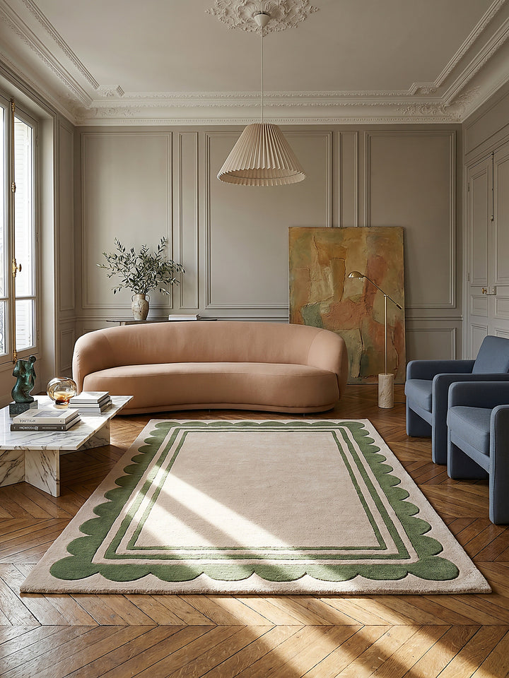 Teppich Grün-Beige rechteckig im modernen Wohnzimmer Einrichtungsidee_