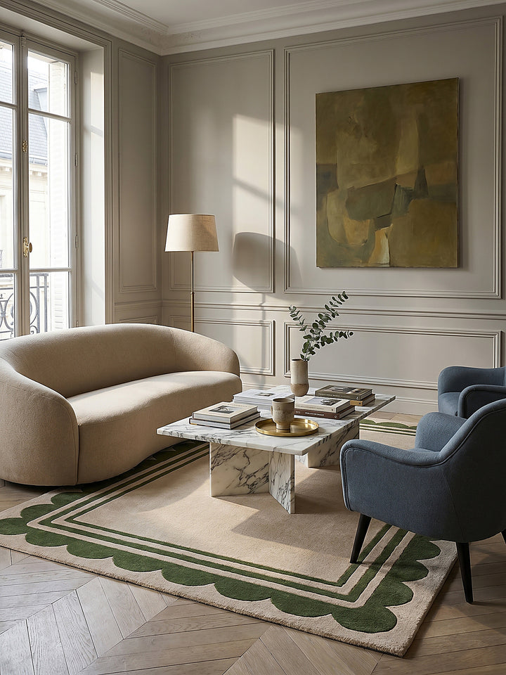 Teppich Grün-Beige rechteckig im Wohnzimmer mit Couchtisch und Wohnaccessoires Wohnidee skandinavisch modern_