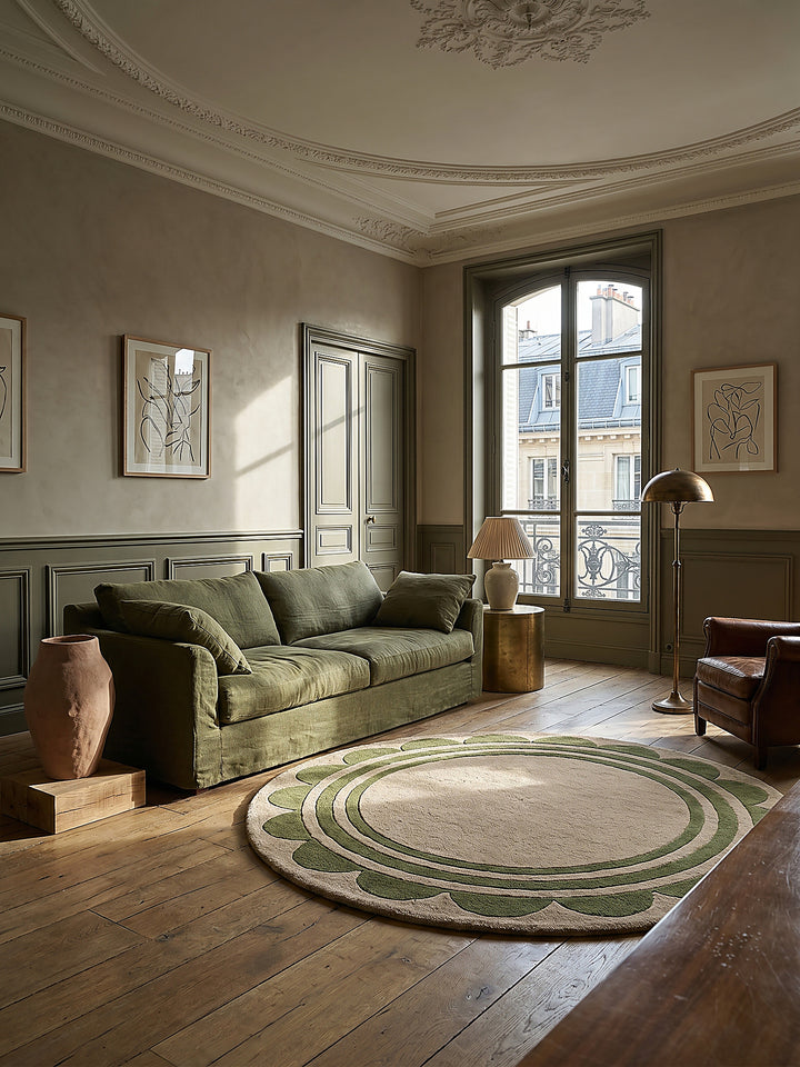Teppich Grün-Beige rund im modernen Wohnzimmer Einrichtungsidee_