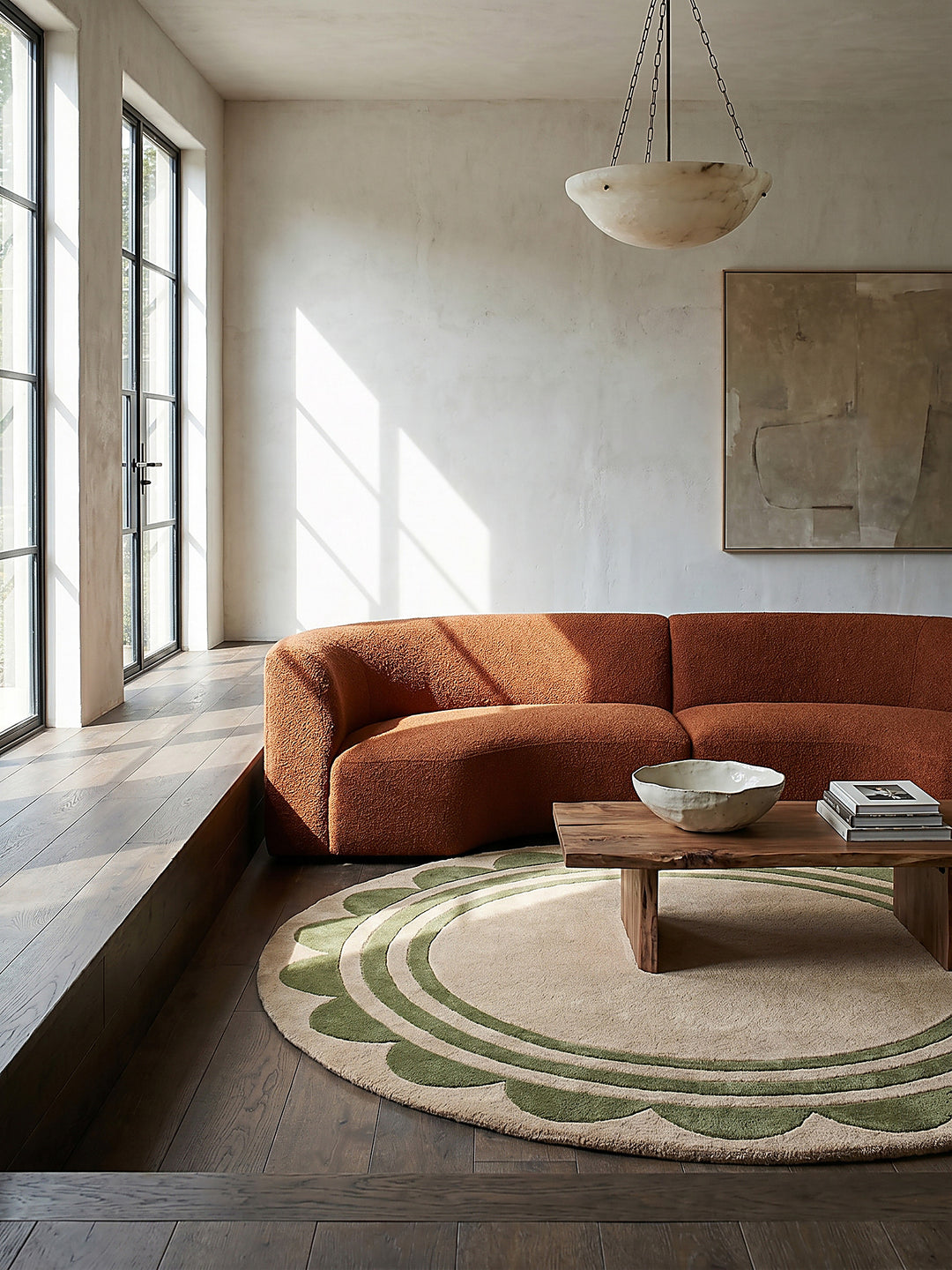 Teppich Grün-Beige rund Musteransicht von oben Designkollektion_