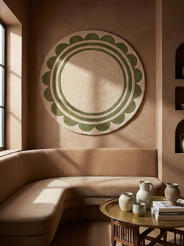 Teppich Grün-Beige rund als Wandteppich Wanddekoration Textilkunst Interior Design_
