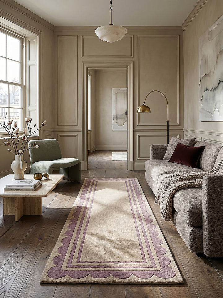 Teppich Lila-Beige Läufer als Wandteppich Wanddekoration Textilkunst Interior Design_
