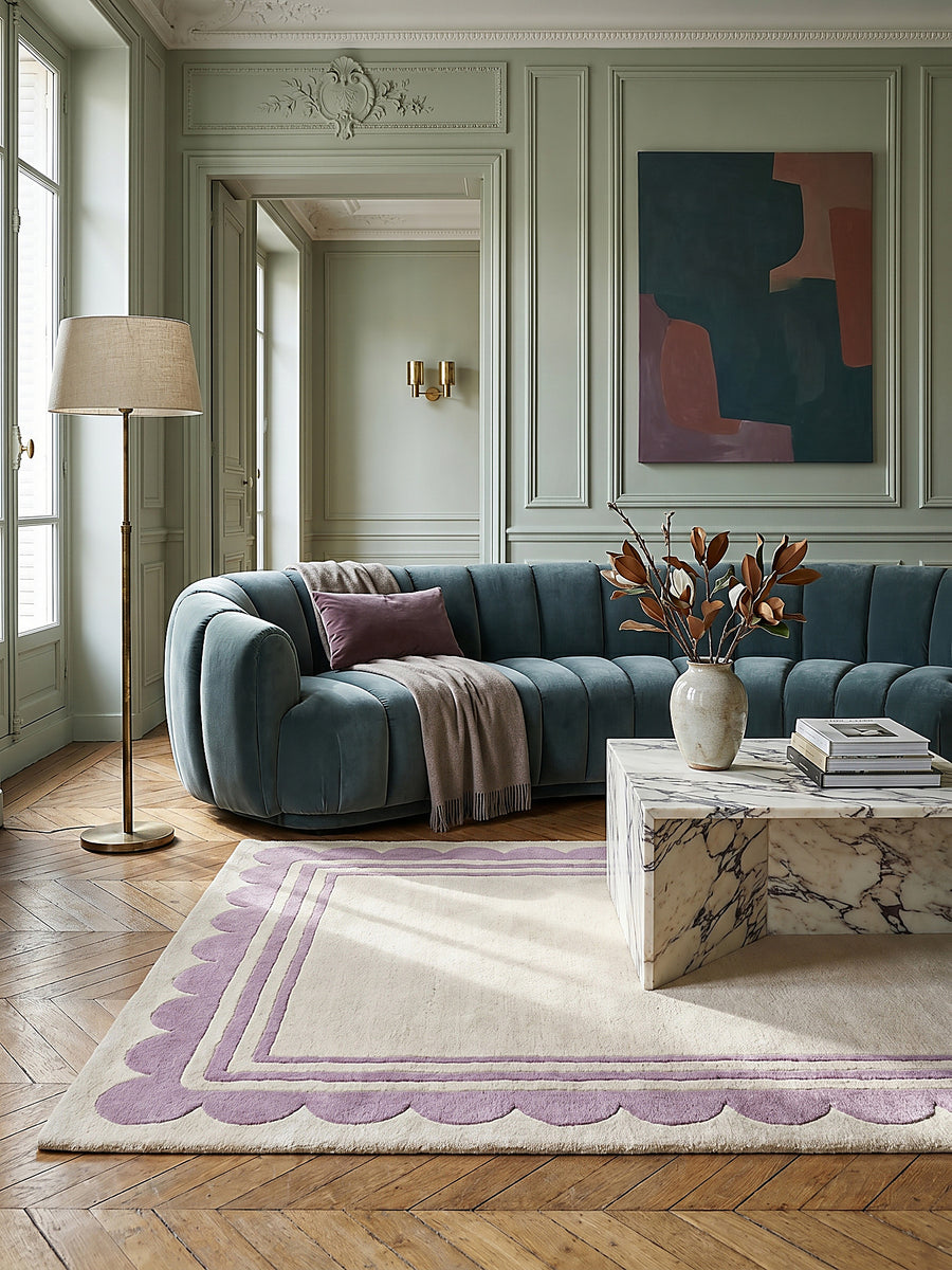 Teppich Lila-Beige rechteckig im modernen Wohnzimmer Einrichtungsidee_