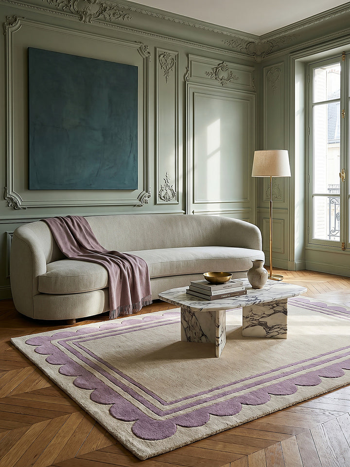 Teppich Lila-Beige rechteckig als Wandteppich Wanddekoration Textilkunst Interior Design_