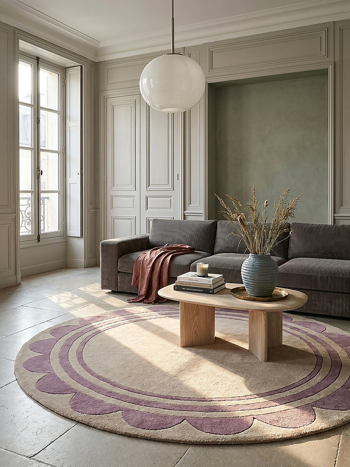 Teppich Lila-Beige rund im modernen Wohnzimmer Einrichtungsidee_