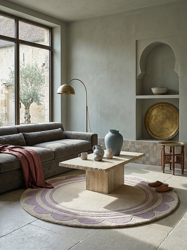 Teppich Lila-Beige rund im Wohnzimmer mit Couchtisch und Wohnaccessoires Wohnidee skandinavisch modern_