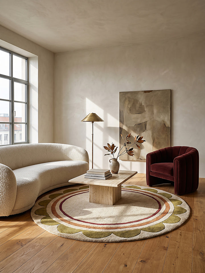 Teppich Beige-Multicolor rund Editorial Styling_