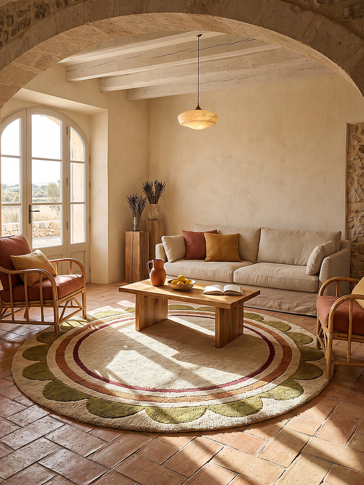 Teppich Beige-Multicolor rund im modernen Wohnzimmer_
