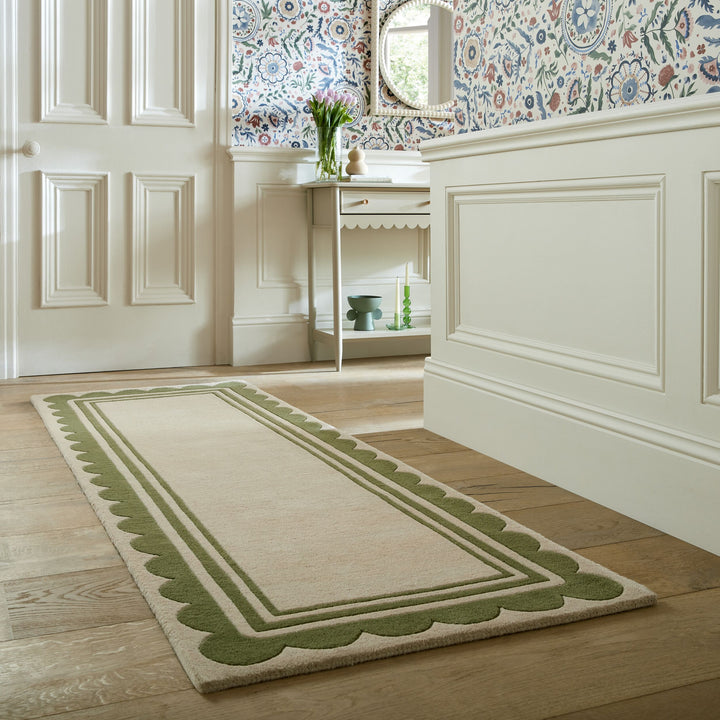Wollteppich Grafisch - Rahmen - Wohnzimmer schmutzabweisend_Grün-Beige_Läufer_