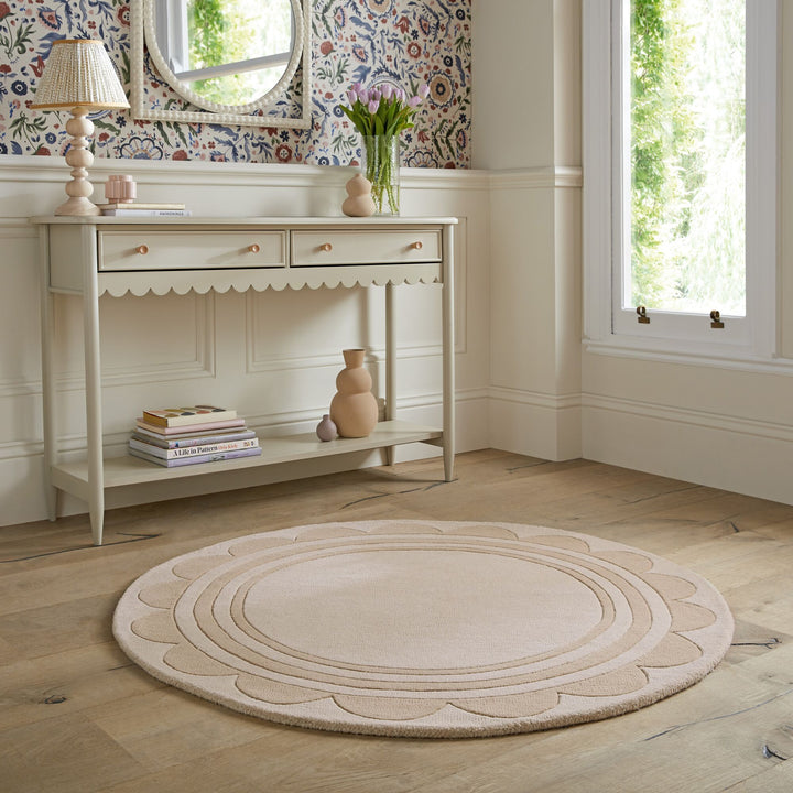 Wollteppich Grafisch - Rahmen - Wohnzimmer schmutzabweisend_Beige_Rund_