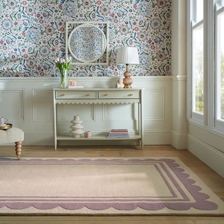 Wollteppich Grafisch - Rahmen - Wohnzimmer schmutzabweisend_Lila-Beige_Rechteckig_