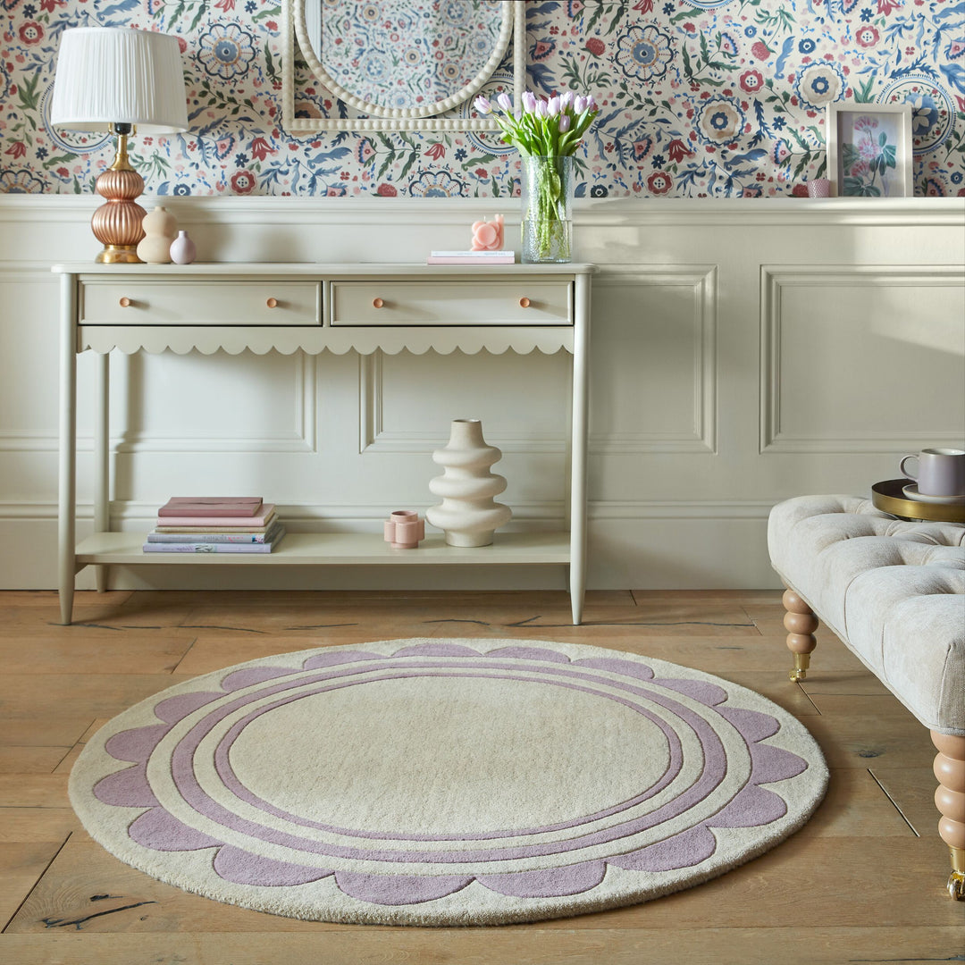 Wollteppich Grafisch - Rahmen - Wohnzimmer schmutzabweisend_Lila-Beige_Rund_