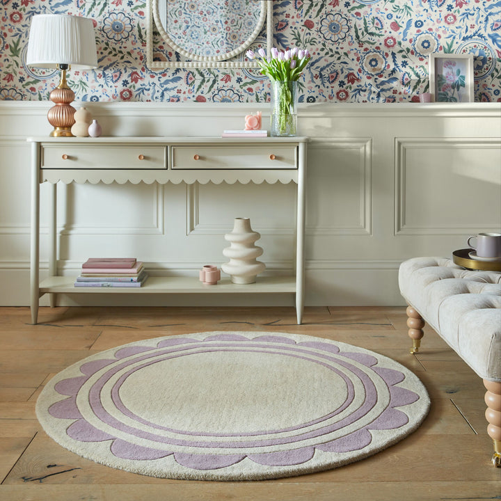Wollteppich Grafisch - Rahmen - Wohnzimmer schmutzabweisend_Lila-Beige_Rund_