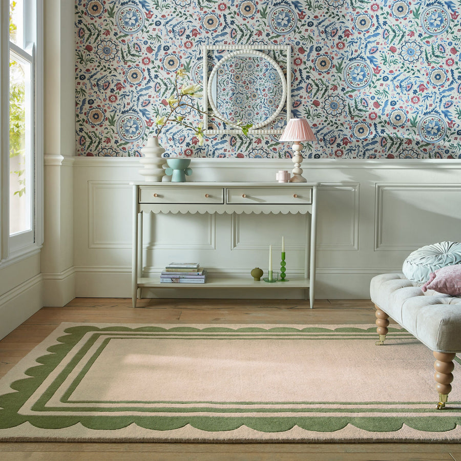 Wollteppich Grafisch - Rahmen - Wohnzimmer schmutzabweisend_Grün-Beige_Rechteckig_