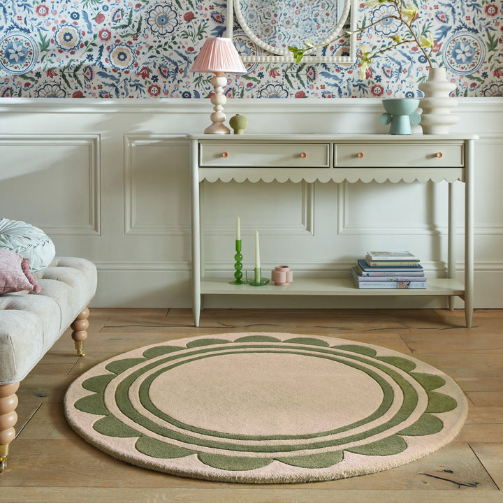 Wollteppich Grafisch - Rahmen - Wohnzimmer schmutzabweisend_Grün-Beige_Rund_