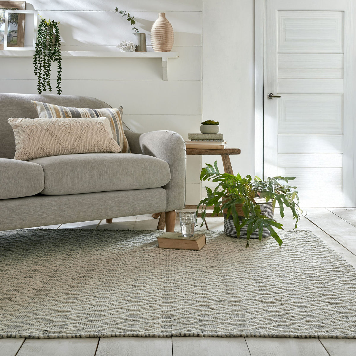 Teppich Wolle Kurzflor Diamant Muster - Wohnzimmer Hellgrau Rechteckig