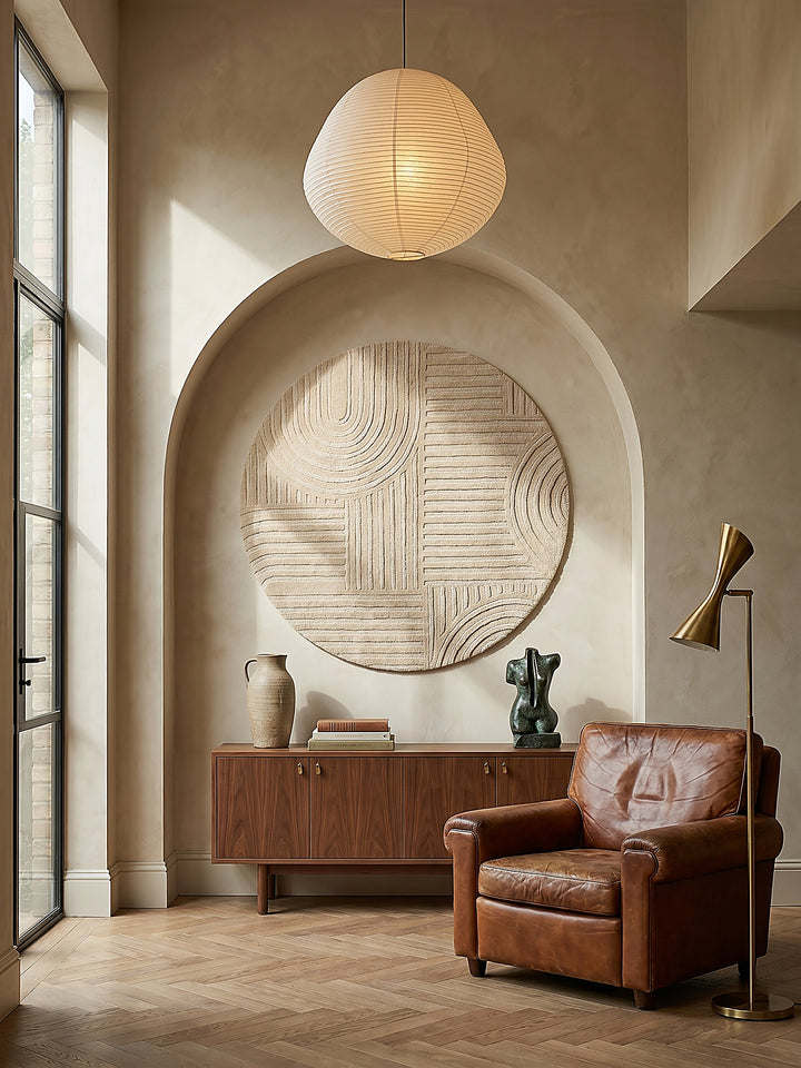 Teppich Beige rund als Wandteppich Wanddekoration Textilkunst Interior Design_