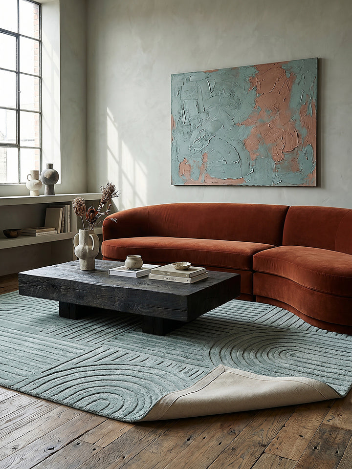 Teppich Türkis rechteckig Editorial Interior als Designobjekt drapiert hochwertige Wohnaccessoires_