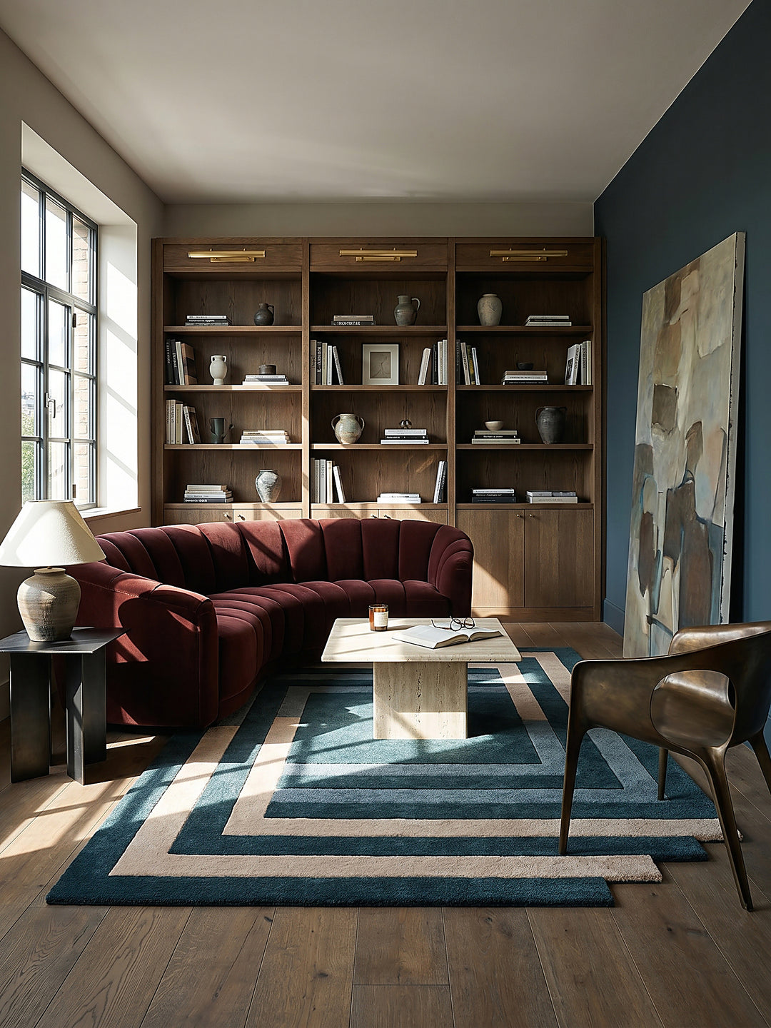 Teppich Türkis-Beige rechteckig im modernen Wohnzimmer_