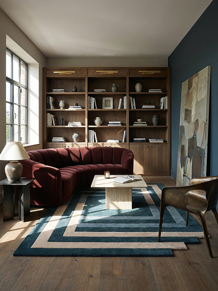 Teppich Türkis-Beige rechteckig im modernen Wohnzimmer_
