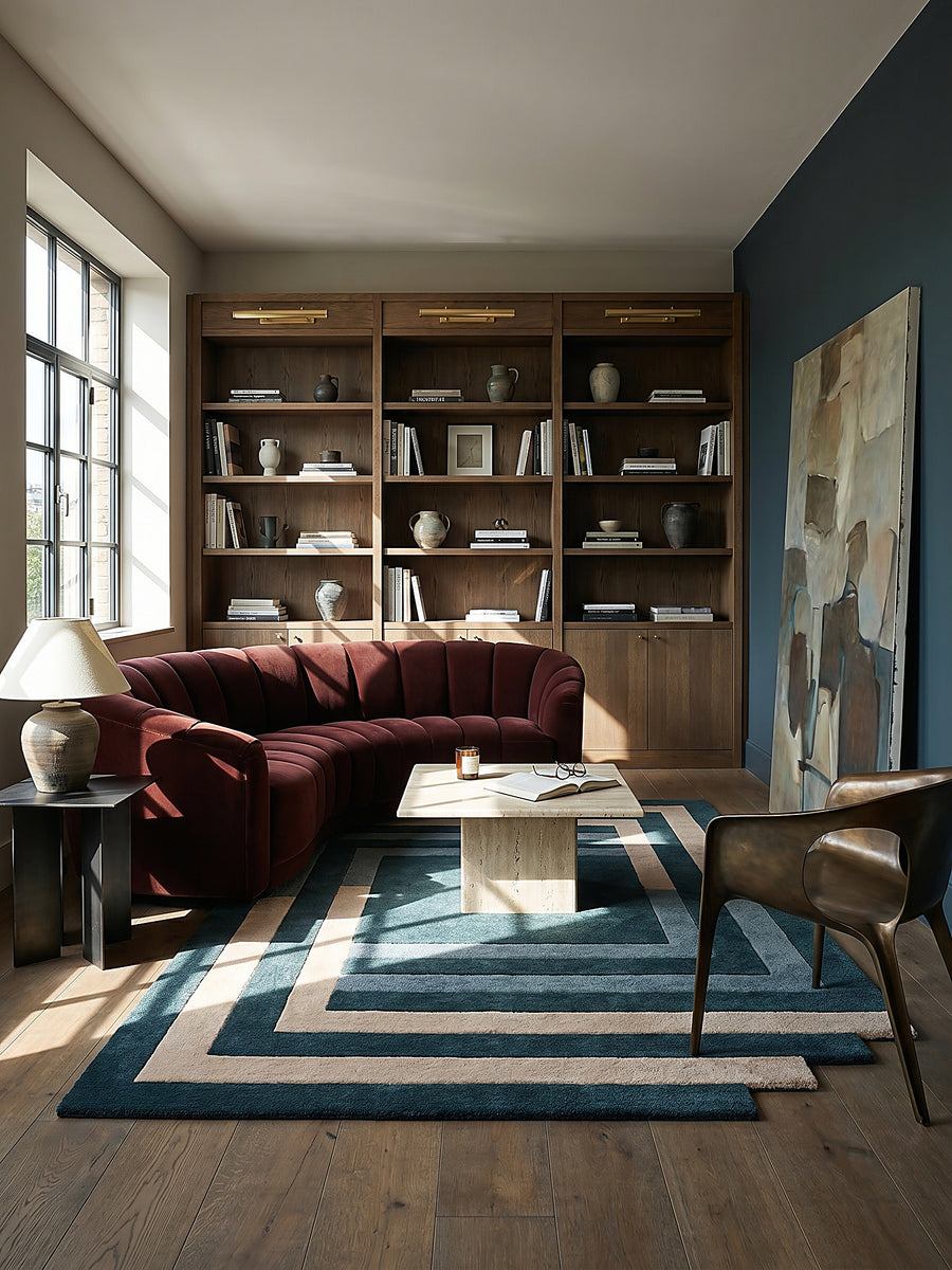 Teppich Türkis-Beige rechteckig im modernen Wohnzimmer auf ebony-stained wide plank oak vor deep charcoal limewash with a subtle coo Einrichtungsidee HALLEIN 120x180