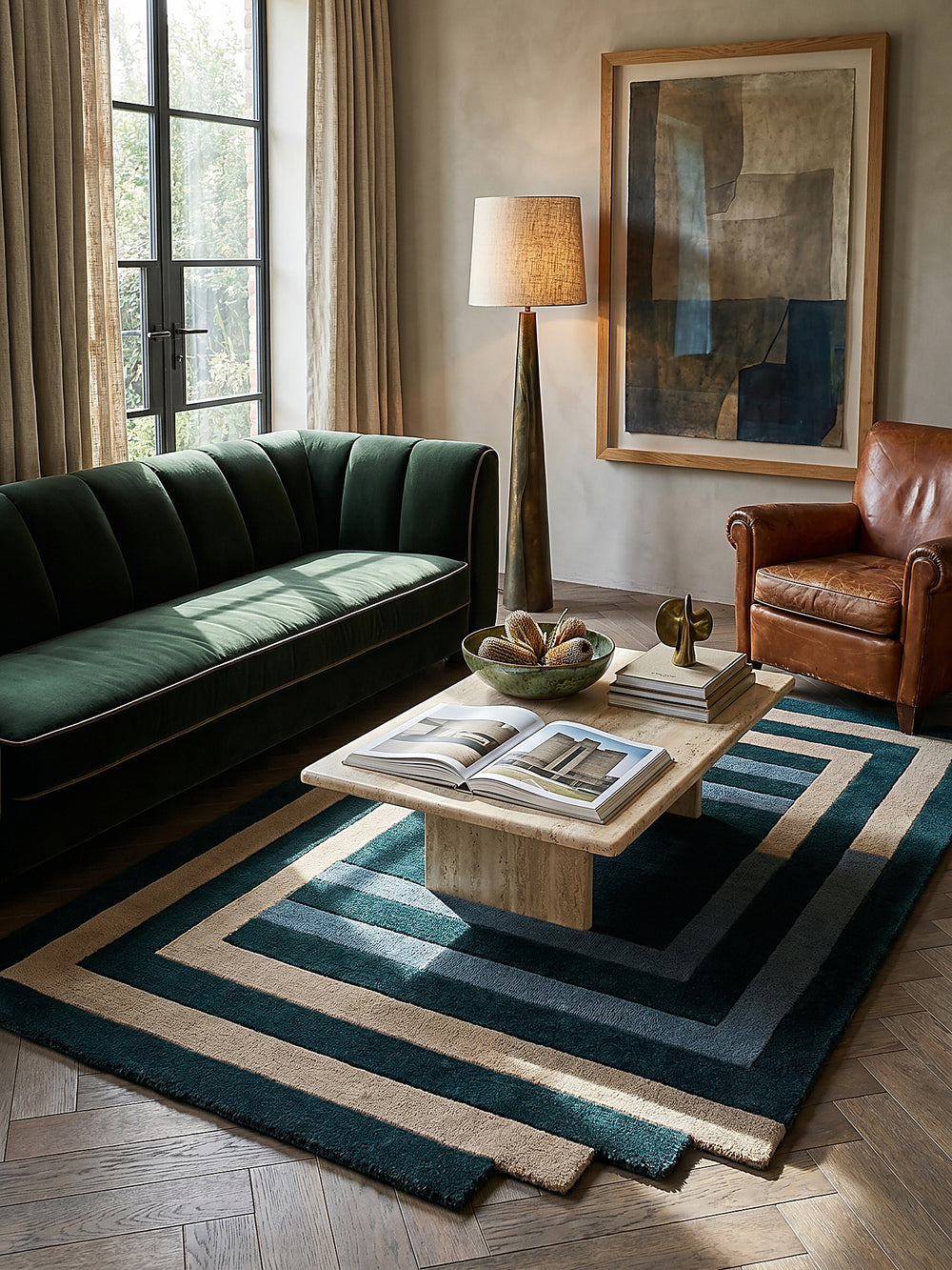 Teppich Türkis-Beige rechteckig im Wohnzimmer mit Couchtisch und Wohnaccessoires Wohnidee skandinavisch modern HALLEIN 120x180