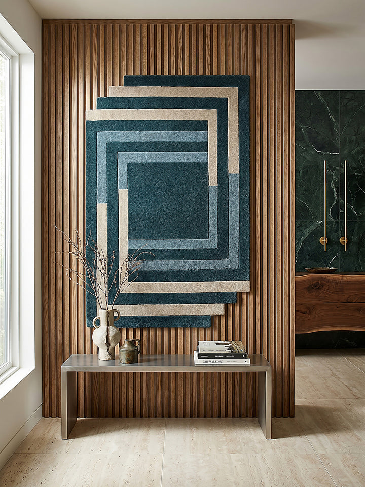 Teppich Türkis-Beige rechteckig als Wandteppich Wanddekoration Textilkunst Interior Design HALLEIN_
