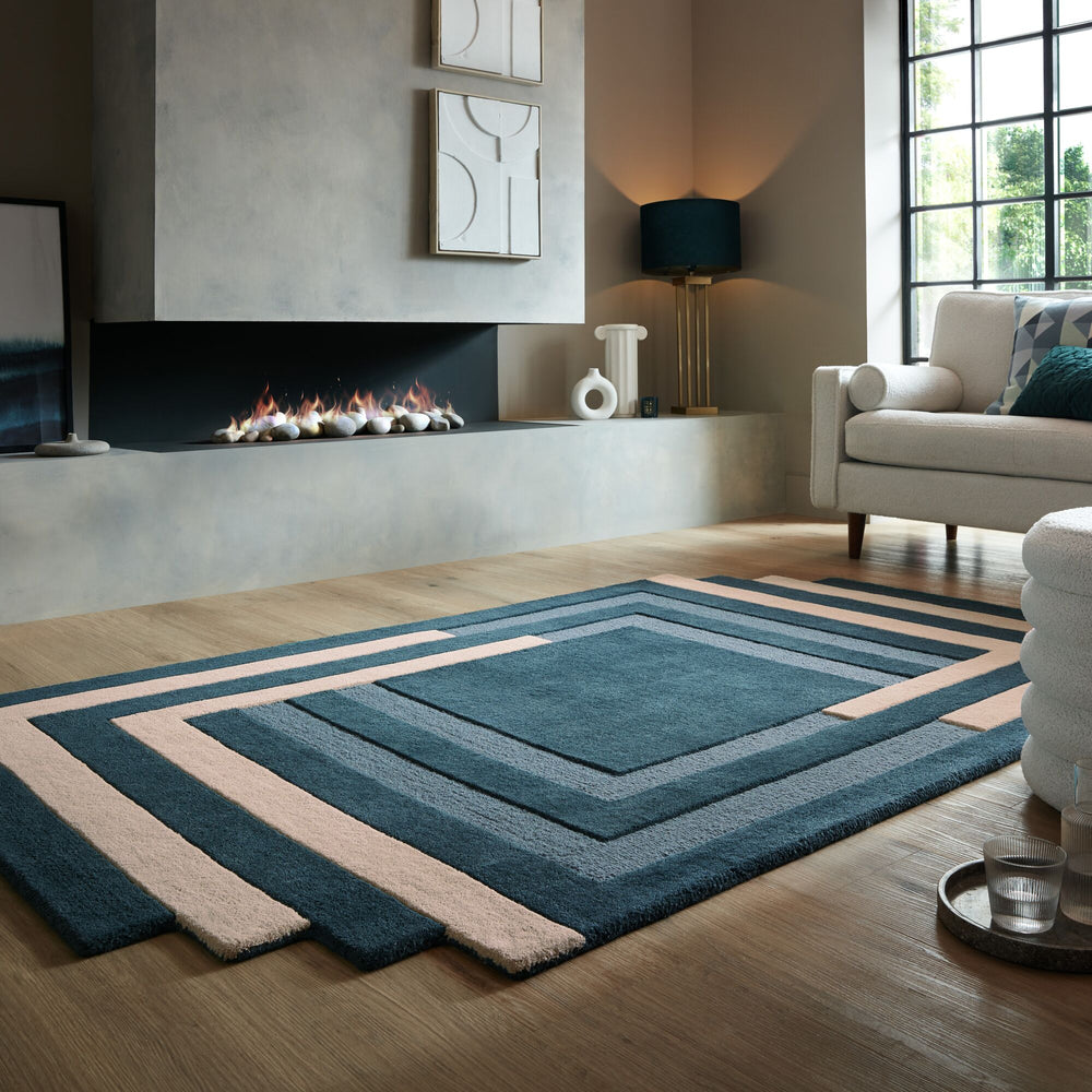 Wollteppich Labyrinth Muster - Geometrisch - Wohnzimmer_Türkis-Beige_Shaped_