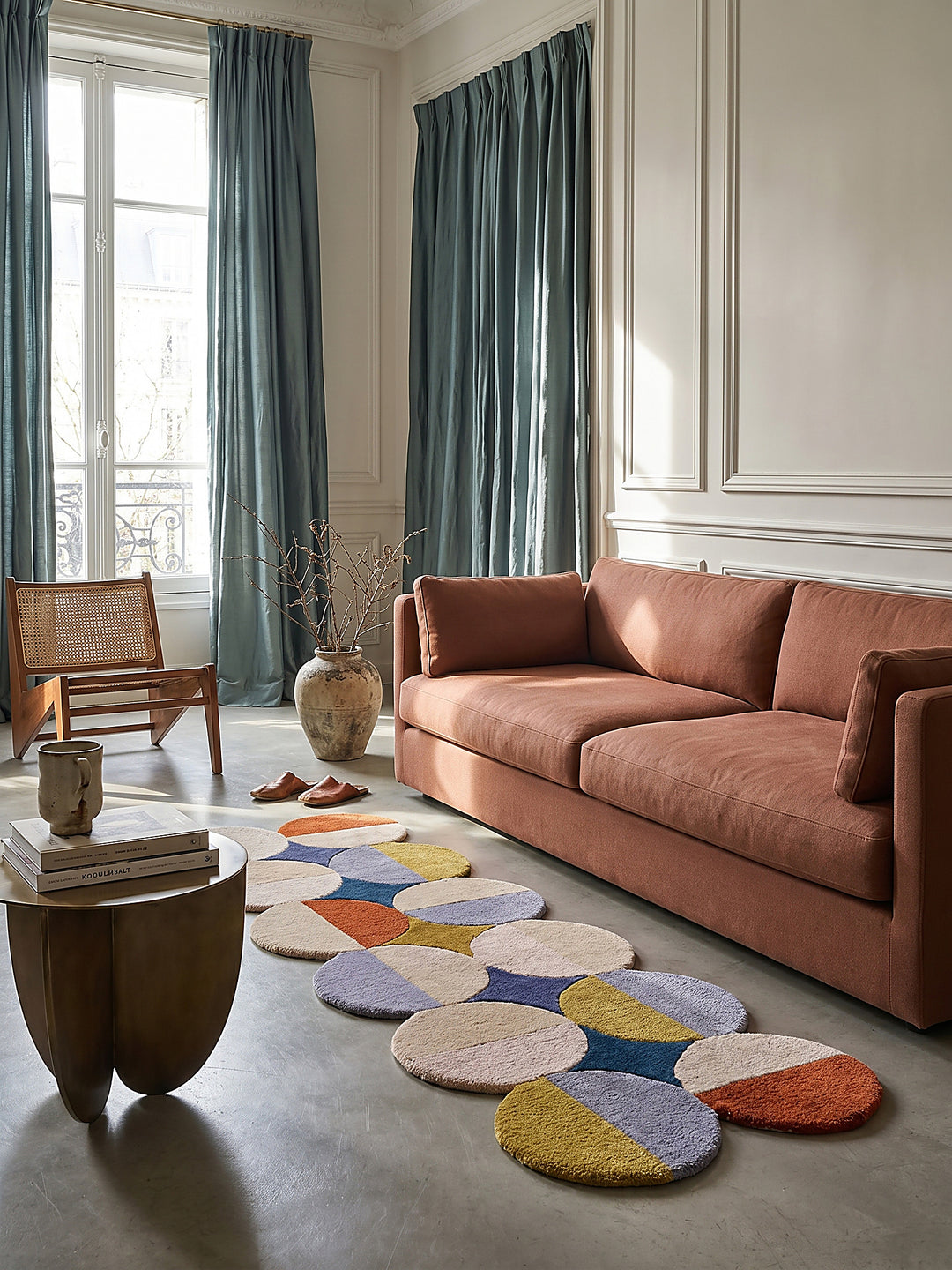 Teppich Multicolor Läufer Editorial Interior als Designobjekt drapiert hochwertige Wohnaccessoires_