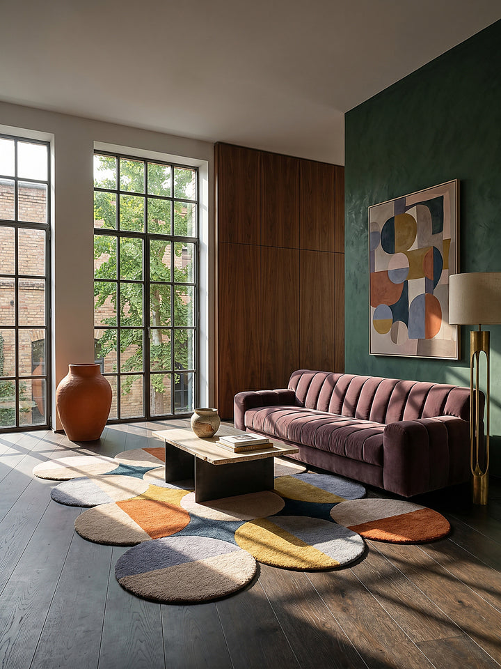 Teppich Multicolor rechteckig im Wohnzimmer mit Couchtisch und Wohnaccessoires Wohnidee skandinavisch modern_