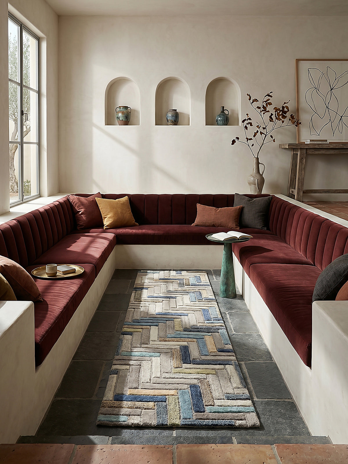 Teppich Multicolor-Blau Läufer im modernen Wohnzimmer Einrichtungsidee_