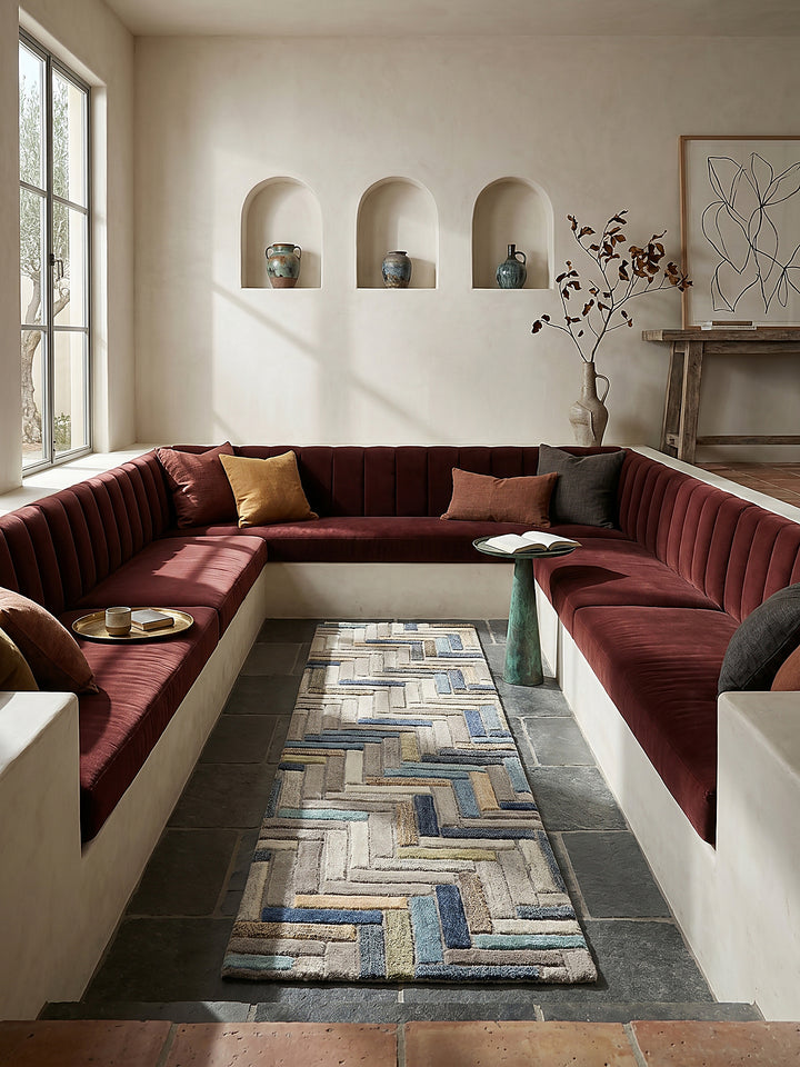 Teppich Multicolor-Blau Läufer im modernen Wohnzimmer Einrichtungsidee_