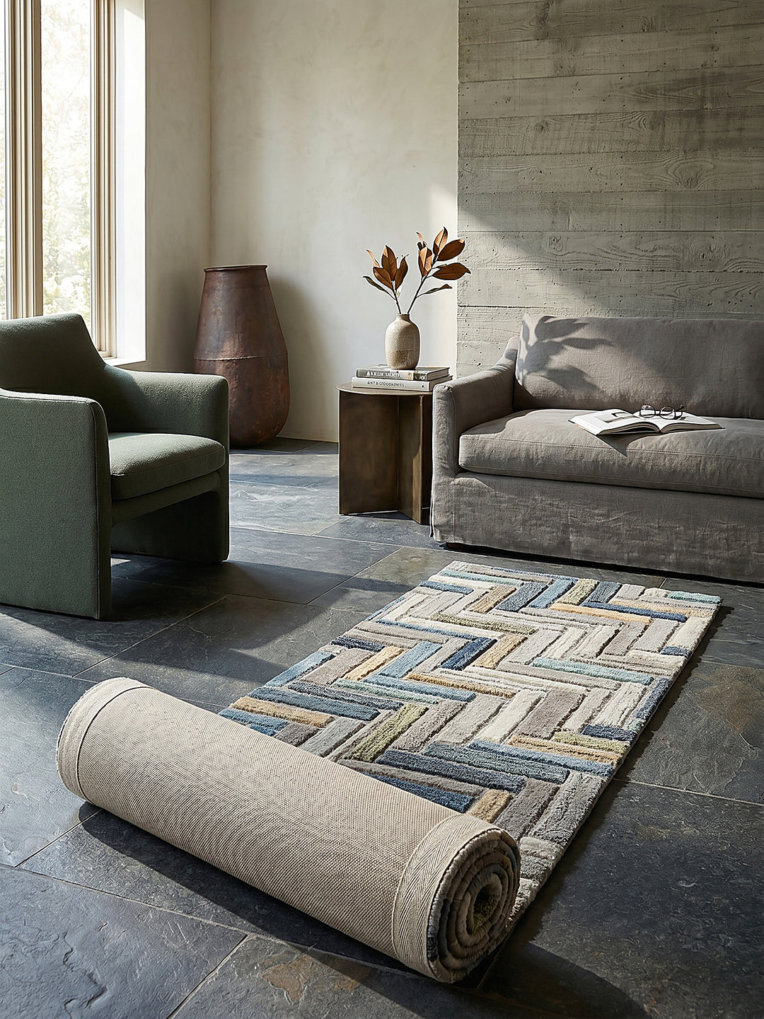 Teppich Multicolor-Blau Läufer Editorial Interior als Designobjekt drapiert hochwertige Wohnaccessoires_
