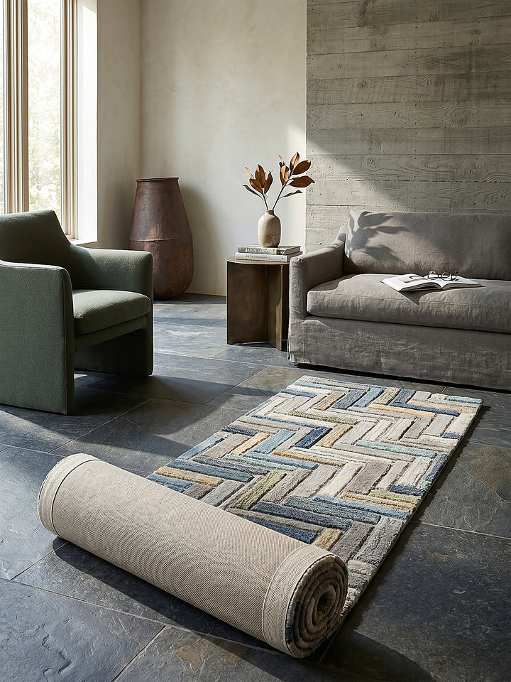 Teppich Multicolor-Blau Läufer Editorial Interior als Designobjekt drapiert hochwertige Wohnaccessoires_