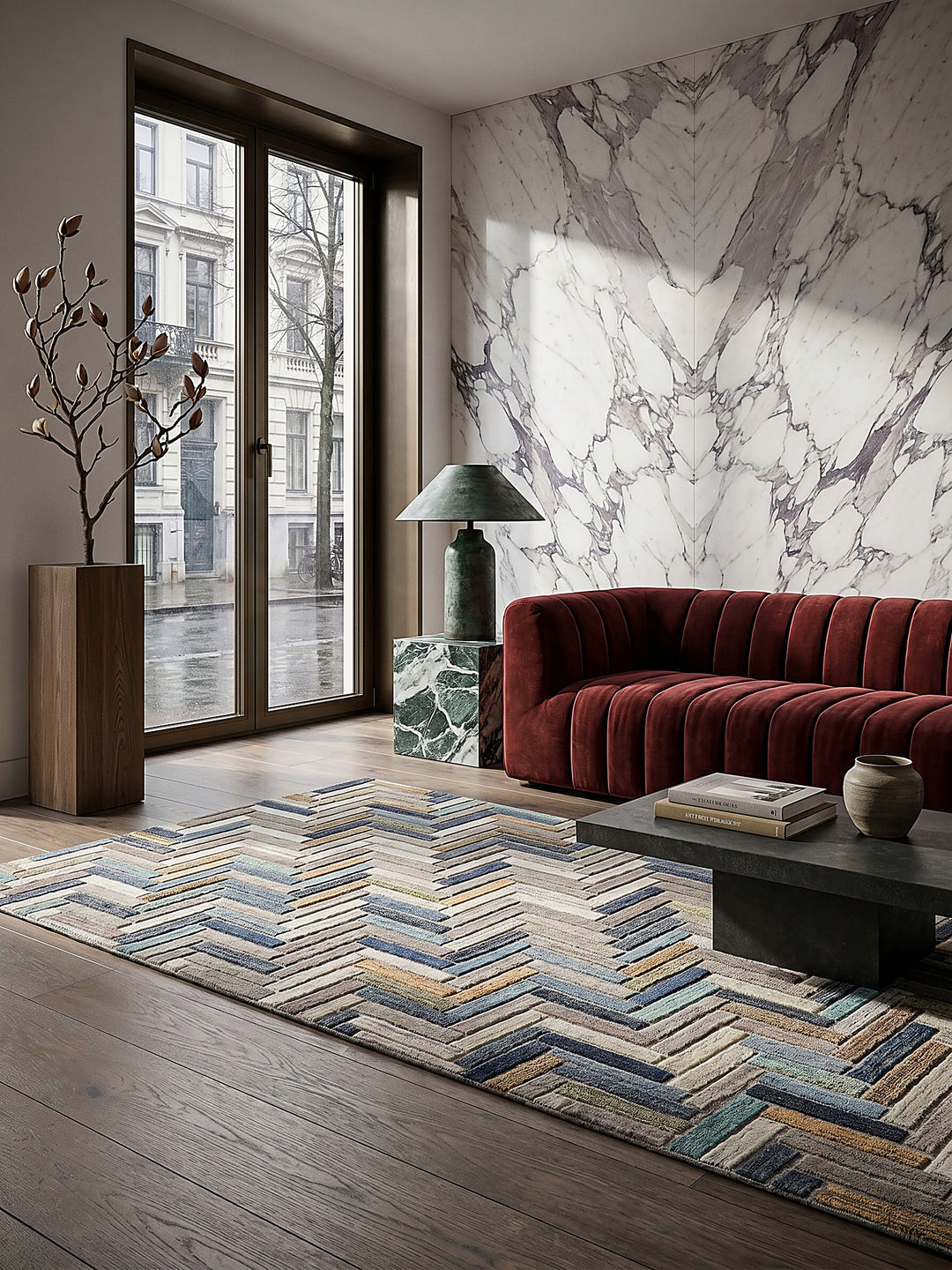 Teppich Multicolor-Blau rechteckig Editorial Interior als Designobjekt drapiert hochwertige Wohnaccessoires_