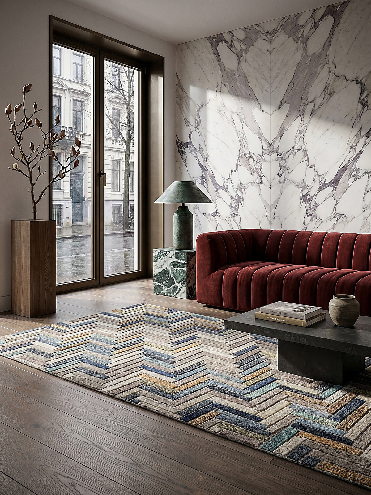 Teppich Multicolor-Blau rechteckig Editorial Interior als Designobjekt drapiert hochwertige Wohnaccessoires_