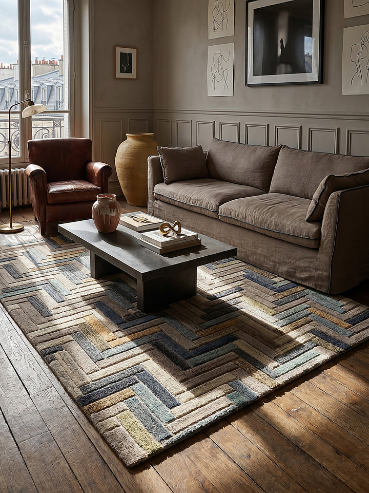 Teppich Multicolor-Blau rechteckig im Wohnzimmer mit Couchtisch und Wohnaccessoires Wohnidee skandinavisch modern_