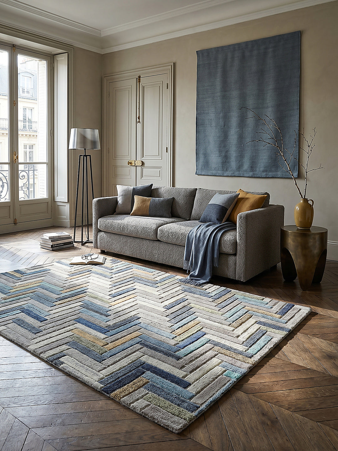Teppich Multicolor-Blau rechteckig im modernen Wohnzimmer Einrichtungsidee_