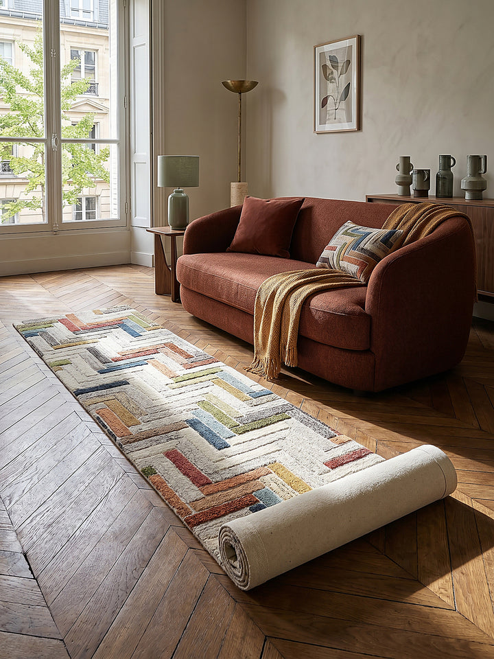 Teppich Multicolor Läufer Editorial Interior als Designobjekt drapiert hochwertige Wohnaccessoires_