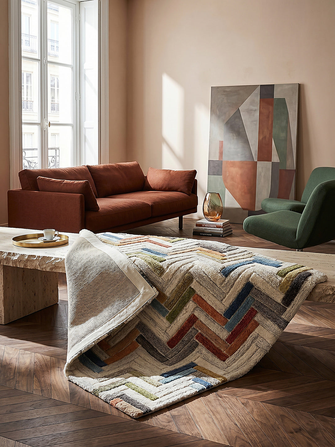 Teppich Multicolor rechteckig Editorial Interior als Designobjekt drapiert hochwertige Wohnaccessoires_