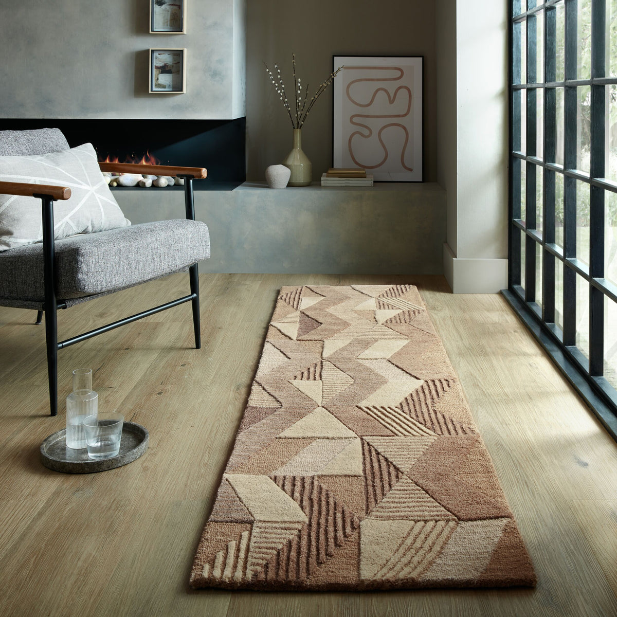Wollteppich Zickzack Muster - Geometrisch - Wohnzimmer schmutzabweisend Braun Läufer