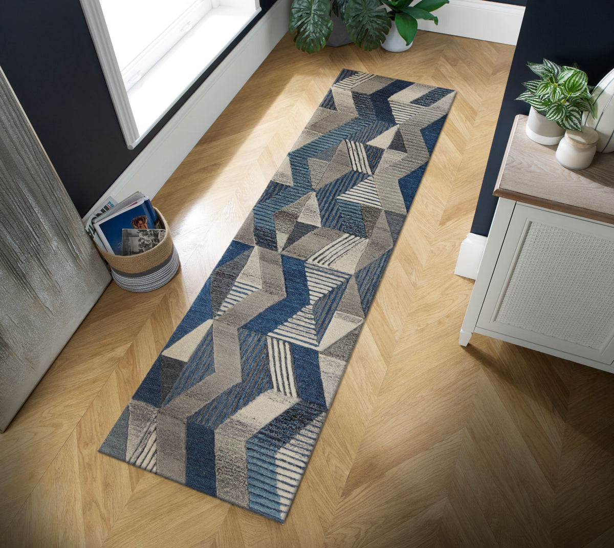 Wollteppich Zickzack Muster - Geometrisch - Wohnzimmer schmutzabweisend_Blau_Läufer_