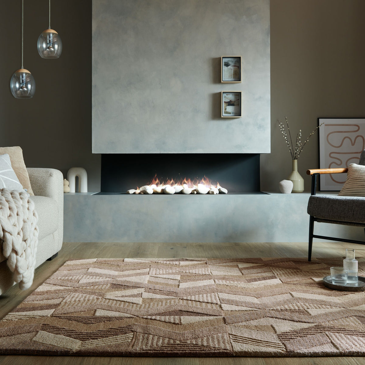 Wollteppich Zickzack Muster - Geometrisch - Wohnzimmer schmutzabweisend Braun Rechteckig